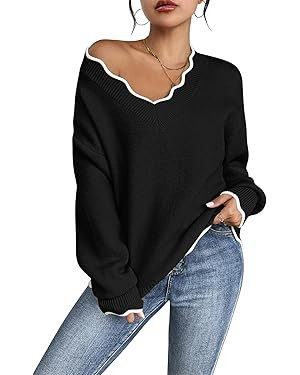 Pink Queen Women's Oversized V Neck Fuzzy Sweaters 2025 Casual Loose Long Sleeve Chunky Knit Pull... | Amazon (US)