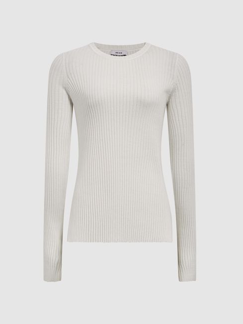 Reiss Cream Elle Slim Fit Ribbed Crew Neck Split Sleeve Jumper | Reiss UK