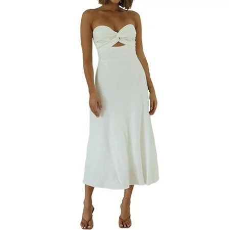 Twist Front Strapless Sweetheart Neckline Midi Dresses for Women Smocked Cutout Tube Linen Dress Wedding Guest White L | Walmart (US)