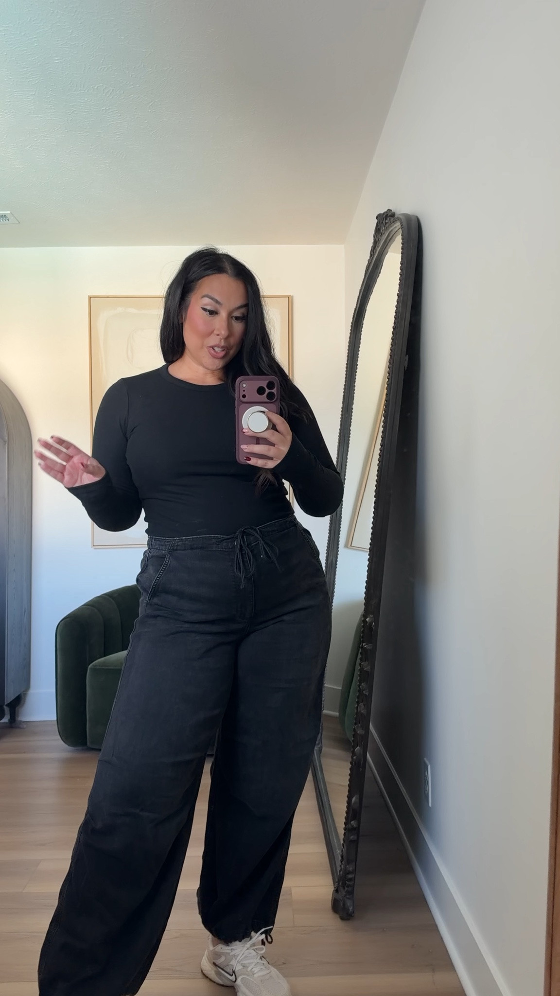 Loving these dark wash balloon pants! Also, American Eagle is having 40% off all jeans from now until Monday!  Wearing an XL on the bottom and L on the top. Midsize, midsize fashion, fall, fall fashion, american eagle, sale 

 #LTKootd #LTKSaleAlert #LTKMidsize