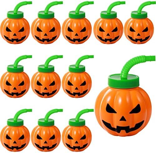 12 Pack Pumpkin Shaped Cups Reusable Halloween Cups with Straw and Lids 10 oz Orange Cups Plastic Ha | Amazon (US)
