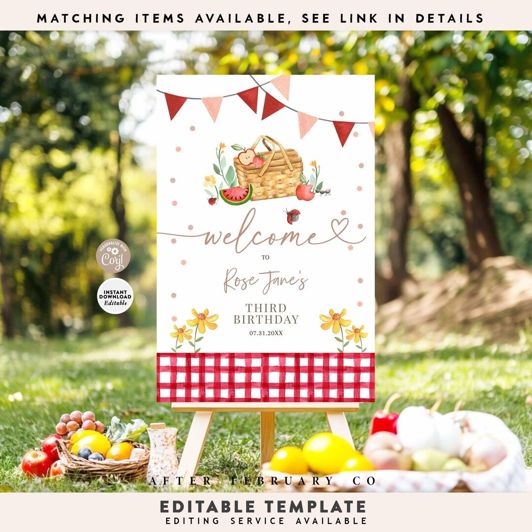 EDITABLE Personalized Picnic Birthday Welcome Sign Red Gingham Girl Park Birthday Party Decor Pri... | Etsy (US)