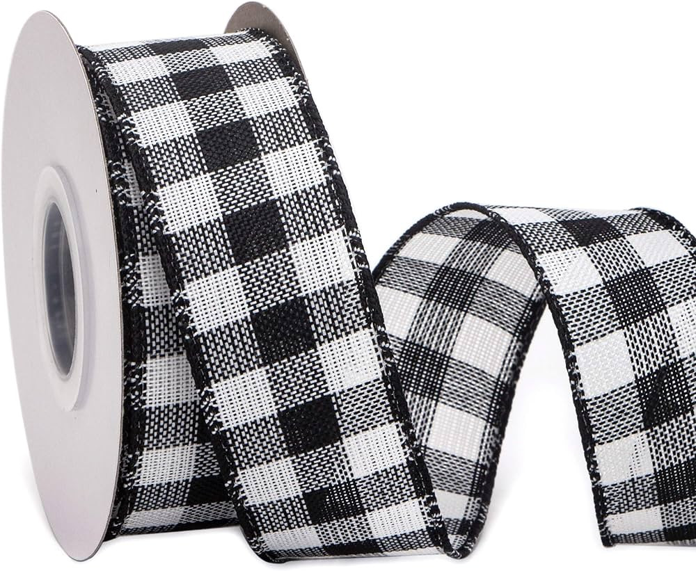 Ribbli Black and White Wired Ribbon,1-1/2 Inch x 10 Yard,Buffalo Plaid Ribbon,Burlap Ribbon for B... | Amazon (US)