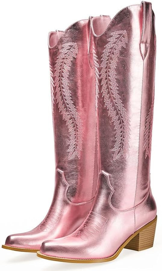 Metallic Cowboy Boots for Women Embroidered Cowgirl Boots Almond Pointed Toe Medium Block Chunky ... | Amazon (US)