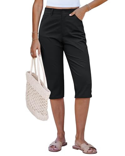 GRAPENT Capri Pants for Women Dressy Casual Womens Capri Pants with Pockets Cropped Twill Stretch Chinos for Women Trendy Womens Elastic Waist Capris Ladies Crop Trousers Black Size 4 to 6 | Amazon (US)