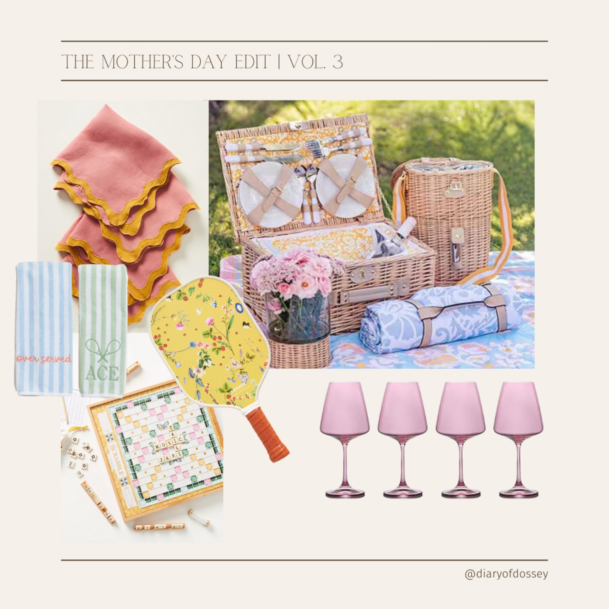 The Mothers Day Edit Feat. 
Southern Living Picnic set, colored wine glasses, scalloped trim linen napkins, weezie tennis Pickleball towels, Pickleball set, Anthropologie scrabble game 

#LTKGiftGuide #LTKSeasonal #LTKfamily