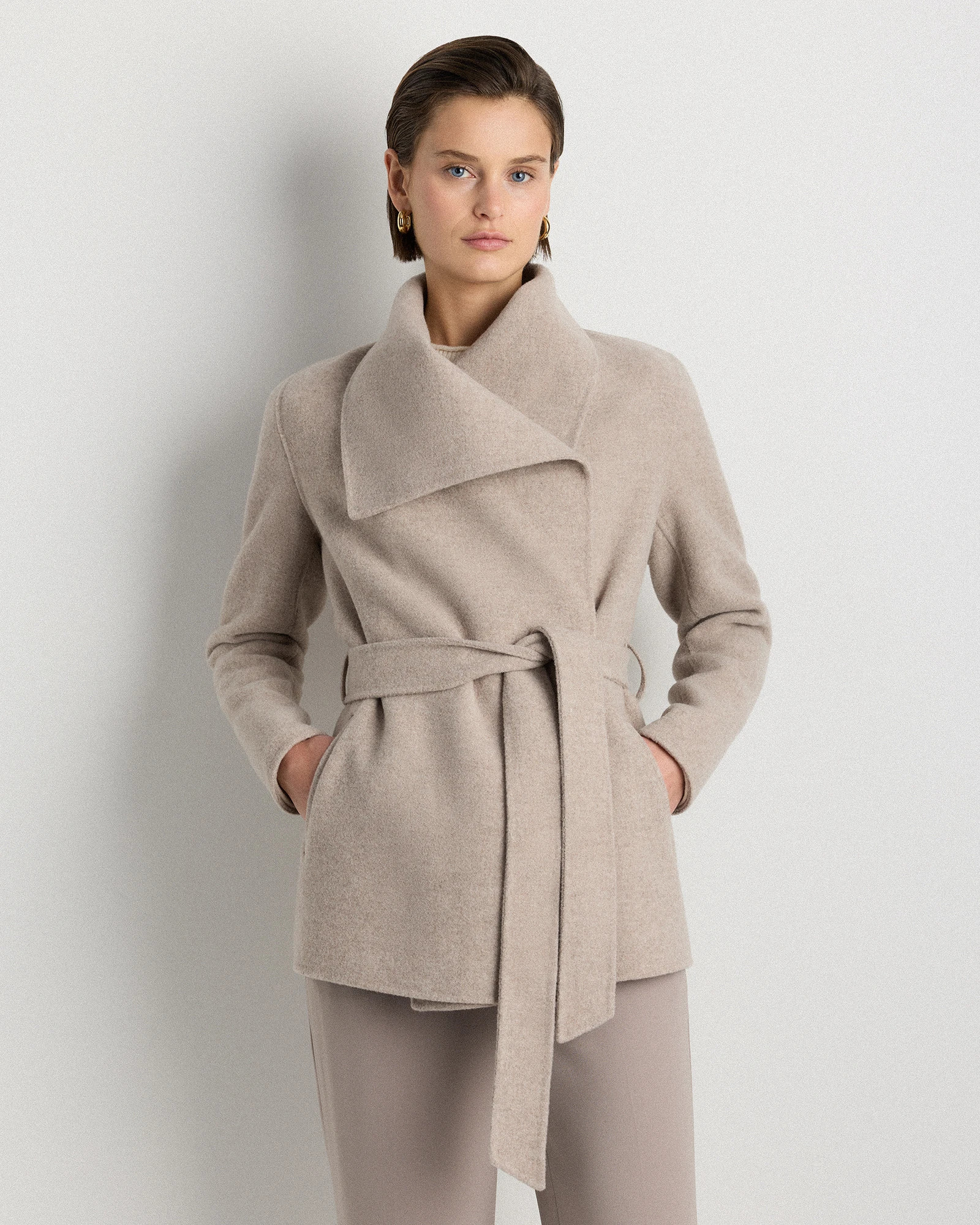 Quince | Women's Double-Faced Merino Wool Draped Collar Short Wrap Coat in Black, Size Large | Quince