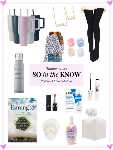 Spring sweater, 40 oz tumbler, fleece lined black tights, personalized name necklace, long wearing lipstick, lash primer, tissue box cover, Hyaluronic acid serum, drugstore skincare, HA serum, volumizing mousse, leave in conditioner, hostess hack

Check out my favorite January finds! More up on emptynestblessed.com! 

#LTKunder50 #LTKFind #LTKbeauty