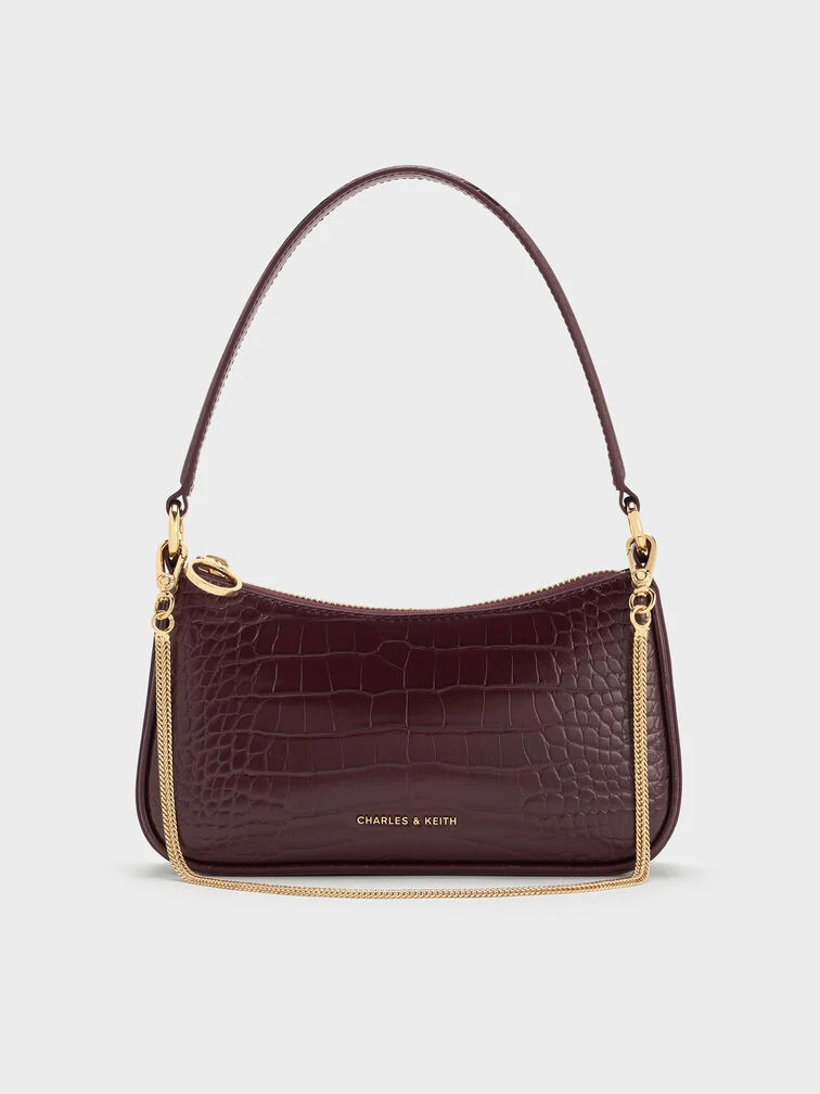 Elspeth Croc-Effect Chain-Link Shoulder Bag - Maroon Red Croco | Charles & Keith UK