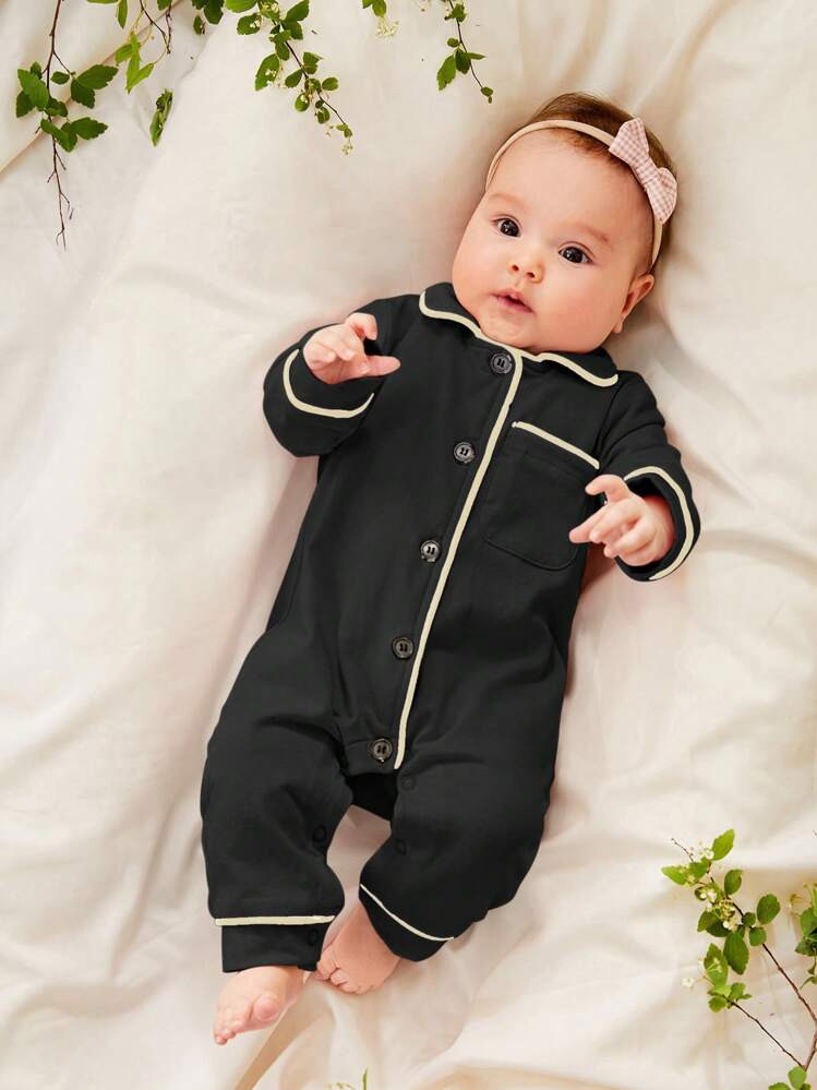 Cozy Pixies Newborn Baby Girl Color Block Collar Romper With Contrast Trim, Homewear | SHEIN