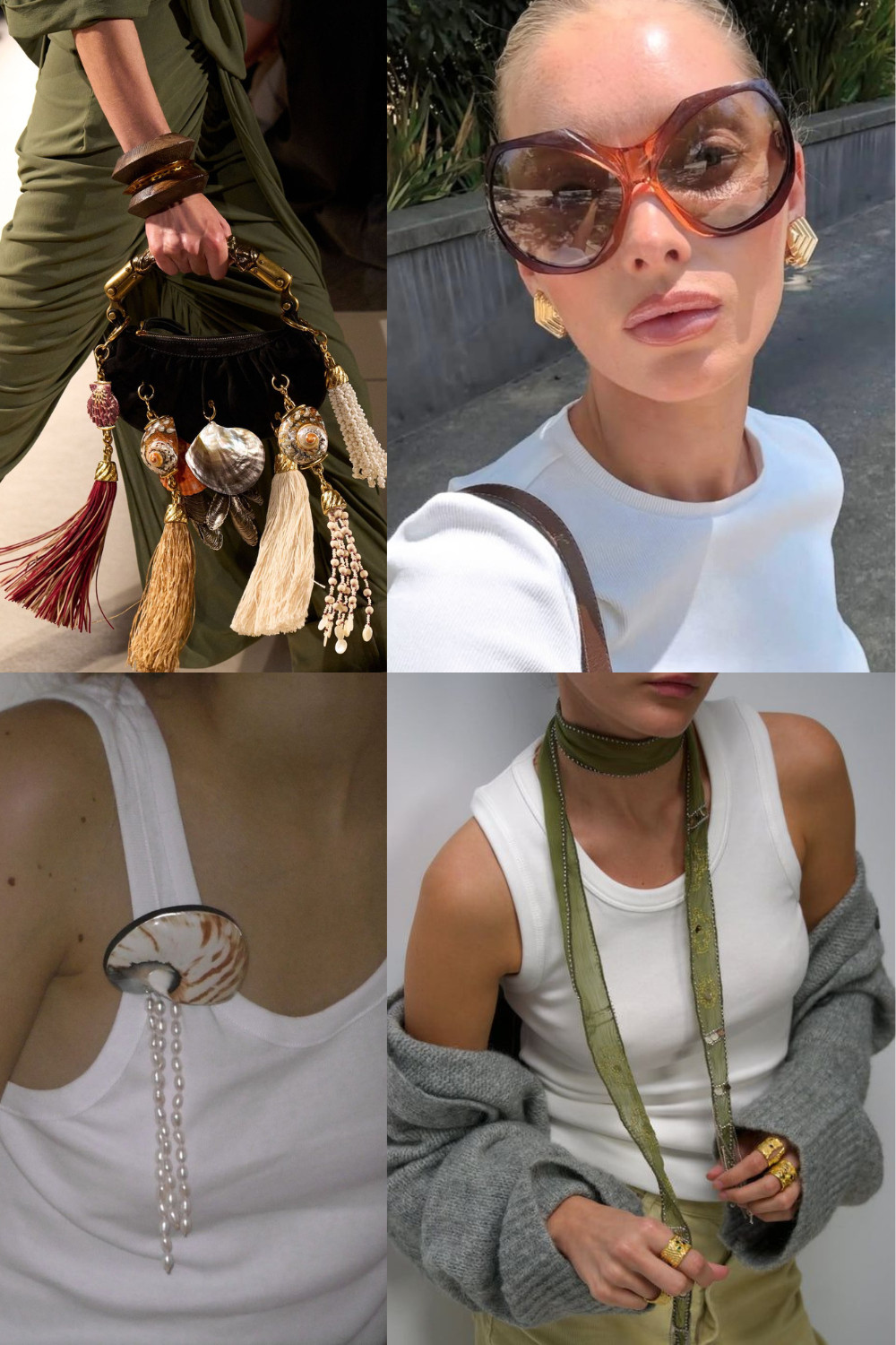 spring 2026 trends: tassels, big sunglasses, brooches, and scarves 

 