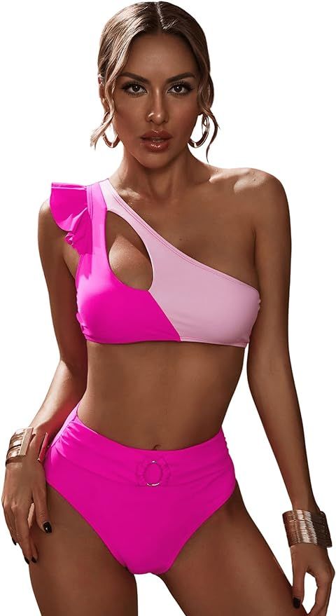 SweatyRocks Women's 2 Piece Bathing Suit One Shoulder High Waisted Bikini Color Block Cut Out Swi... | Amazon (US)