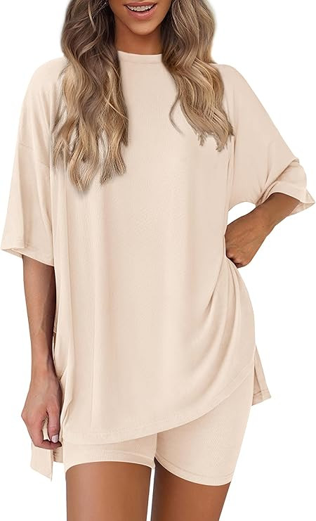 Women 2 Piece Lounge Set 2026 Summer Casual Oversized Shirts Biker Shorts Matching Airport Travel... | Amazon (US)