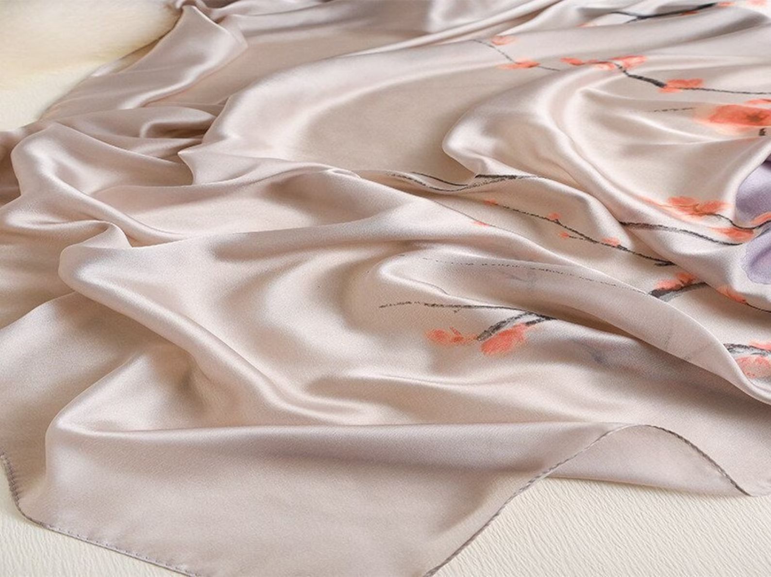 Luxury 100% silk scarf peach floral fancy wraps, hair bandana, pure silk satin style head shawl, ... | Etsy (UK)