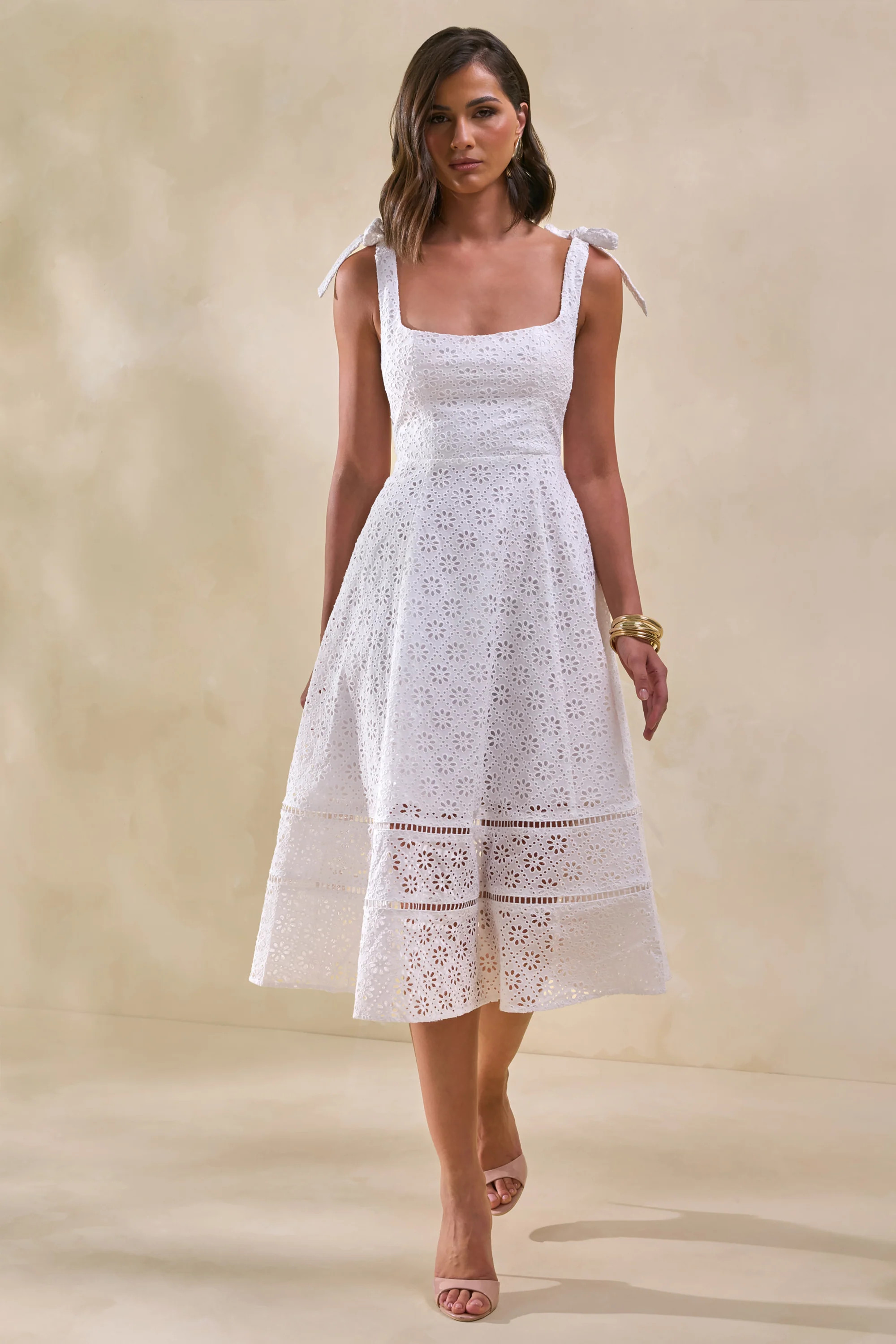 Veralia | White Broderie Square-Neck Midi-Dress With Bow-Sleeves | Club L London