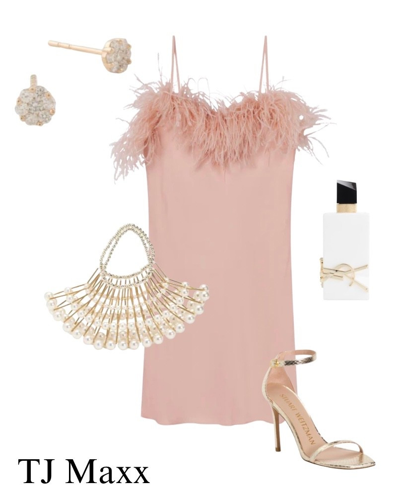 TJ Maxx, outfit idea, date night, dressy, pink feather dress, Saint Laurent, perfume, pearl clutch, bag, gold heels, diamond, earrings, spaghetti, strap, special occasion.

#LTKootd #LTKSaleAlert #LTKWedding