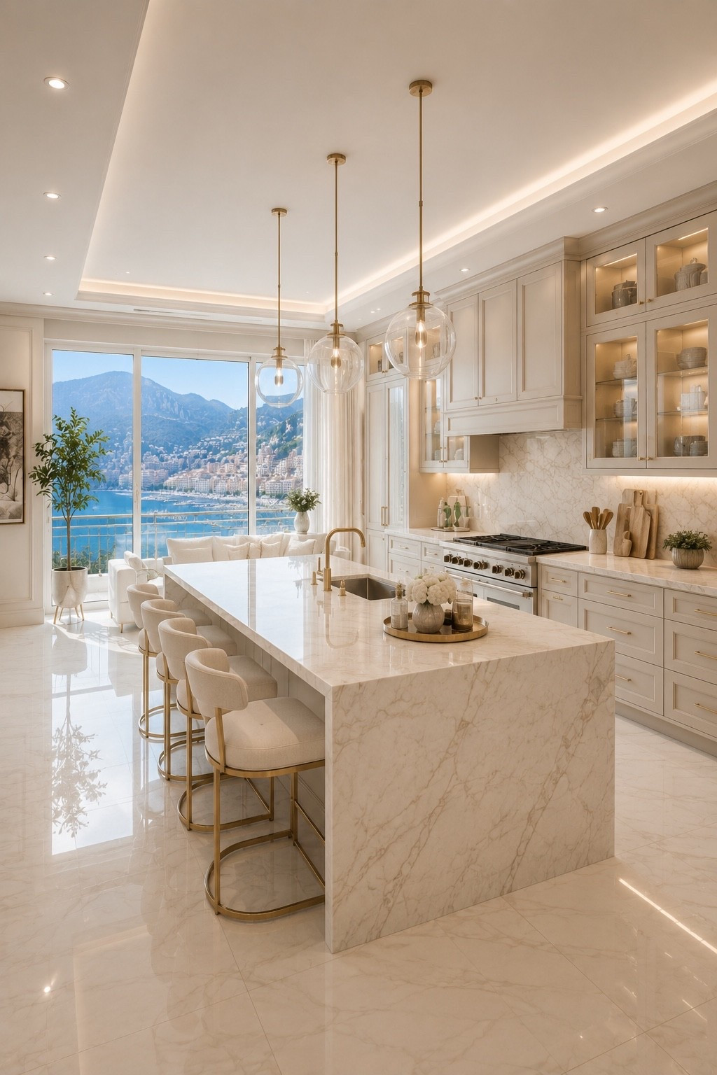 This elegant white kitchen features a stunning waterfall marble island, custom cabinetry, warm lighting, designer pendant lights, and breathtaking ocean views. A timeless luxury kitchen designed for entertaining, everyday living, and creating a bright, sophisticated home.

#luxurykitchen #kitchendesign #whitekitchen #marblekitchen #kitchenisland #dreamkitchen #modernkitchen #interiordesign #luxuryhome #neutralhome #kitcheninspo #customcabinetry #homeinspiration #organicmodern #luxurylifestyle #amazonhome #ltkhome #designerkitchen #timelessinteriors #kitchendecor