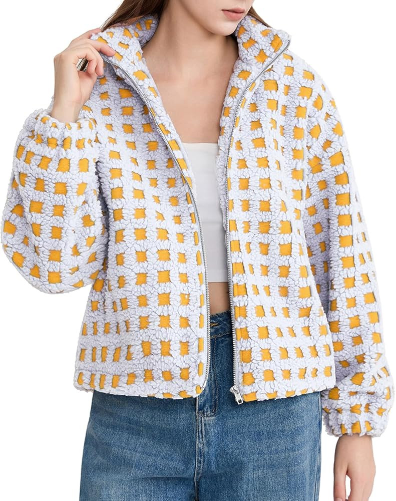 Oymyakon Women Checkered Sherpa Jacket Cropped Long Sleeve Fuzzy Plaid Fleece Coats Casual Zip Up... | Amazon (US)
