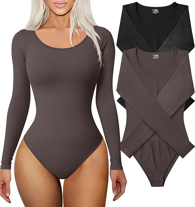 TOB Women's 2 Piece Bodysuits Sexy Ribbed Long Sleeve Round Neck Stretch Tops Bodysuits | Amazon (US)