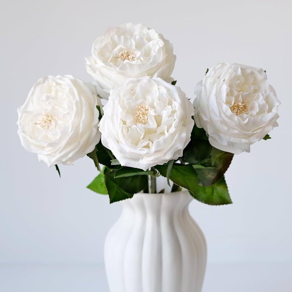 YalzoneMet 4 Pcs 3.5'' Big Bloom White Roses Artificial Flowers 17.7'' Long Stem Peonies Real Tou... | Amazon (US)