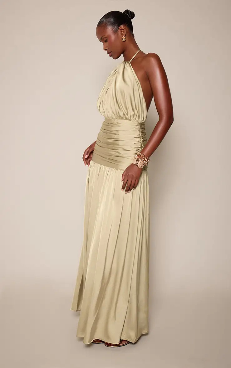 Olive Satin Extreme Pleated Halterneck Sleeveless Maxi Dress | PrettyLittleThing UK