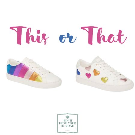 HELP ME CHOOSE!!!! Saw a friend wearing the rainbow sneakers last night and went to buy a pair for myself and saw the hearts and now I can’t decide! So this or that- do you like the rainbow or the hearts? I’m ordering today! 

#LTKFind #LTKshoecrush