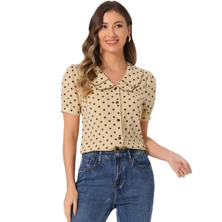 DARING DIVA Women s Polka Dots Peter Pan Collar Puff Sleeve Shirt Top XS Light Brown | Walmart (US)