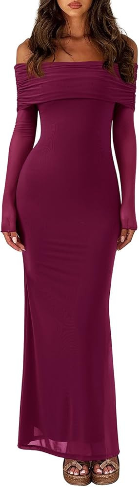 REORIA Women Off Shoulder Long Sleeve Dress Elegant Sexy Stretch Mesh Double Lined Slim Trendy Lo... | Amazon (US)