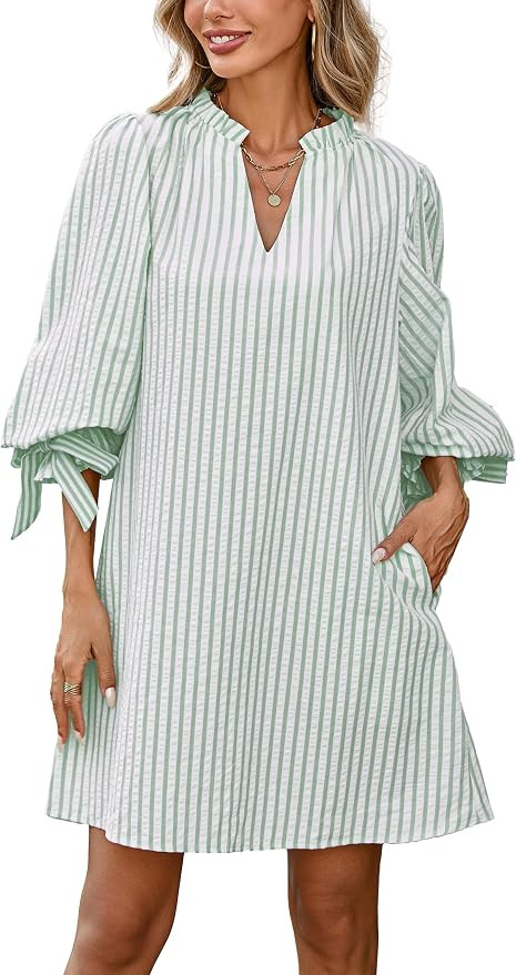 EZAPINE Striped Dress for Women V Neck 3/4 Bow Puff Sleeve Summer A Line Flowy Shirt Dress with P... | Amazon (US)