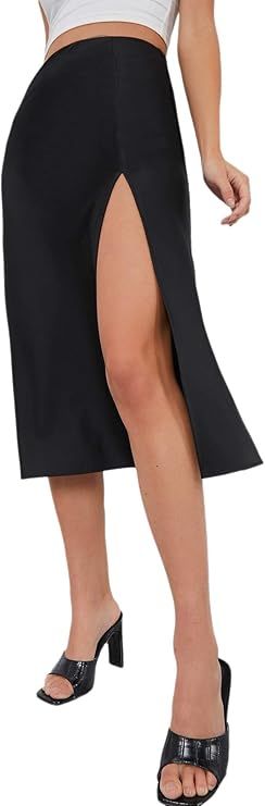 Verdusa Women's Elegant High Waist Satin A Line Flared Midi Skirt | Amazon (US)