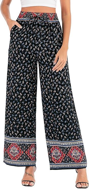 Love Welove Fashion Women's Summer Wide Leg Elastic High Waist Printed Boho Hippie Palazzo Pants | Amazon (US)