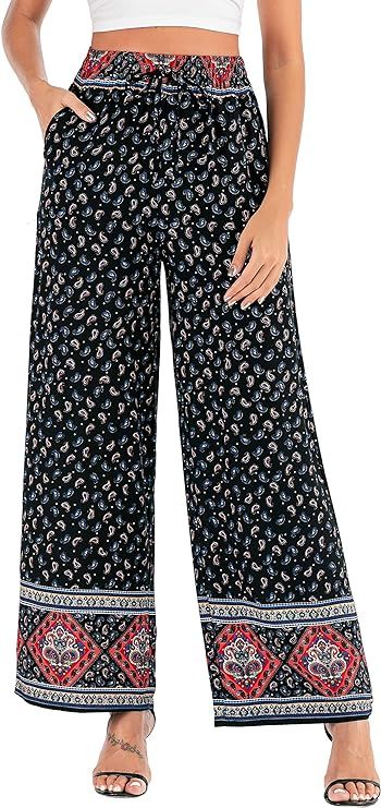 Love Welove Fashion Women's Summer Wide Leg Elastic High Waist Printed Boho Hippie Palazzo Pants | Amazon (US)