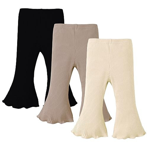 SOBOWO Toddler Girl Pants Baby Girl Flare Pants 3 Pack Solid Ribbed Ruffle Bell Bottoms Leggings Fall Outfits(Black/Beige/Brown, 12-18 Months) | Amazon (US)