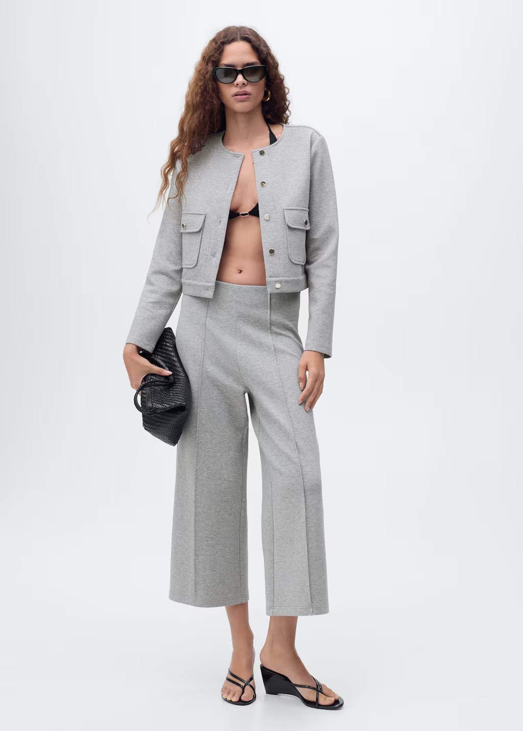 Cotton cropped jacket with pockets medium heather grey - Women - M - MANGO | Mango (US/MX/AU)