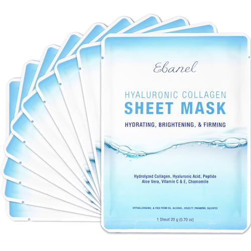 Ebanel 10 Pack Collagen Face Mask, Instant Brightening & Hydrating Face Sheet Mask with Aloe Vera, Hyaluronic Acid, Vitamin C and E, Chamomile, Anti Aging Face Mask with Hydrolyzed Collagen, Peptide | Amazon (US)