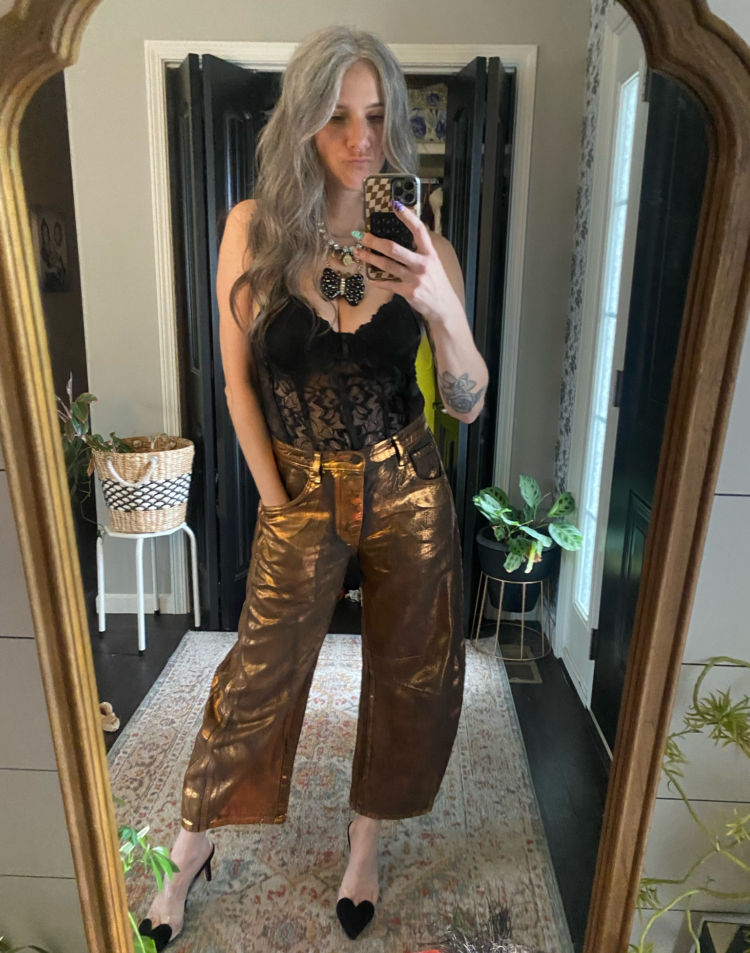 Night out outfits.
Metallic barrel jeans 
Lace bustier 
Corset bodysuit 

#LTKFindsUnder100 #LTKFestival #LTKOver40