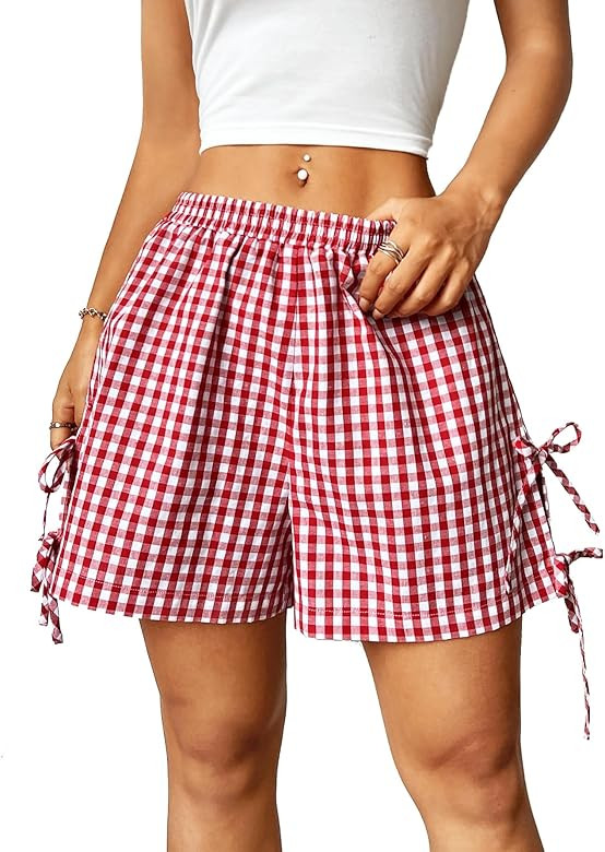 Verdusa Women's Gingham Plaid Print Bow Tie Split Elastic Waist Shorts | Amazon (US)