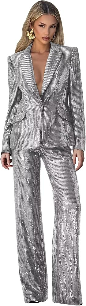 Sequin Suits for Women 2 Piece V Neck Womens Suit Glitter Sparkly 1 Button Womens Tuxedo Suit Set... | Amazon (US)