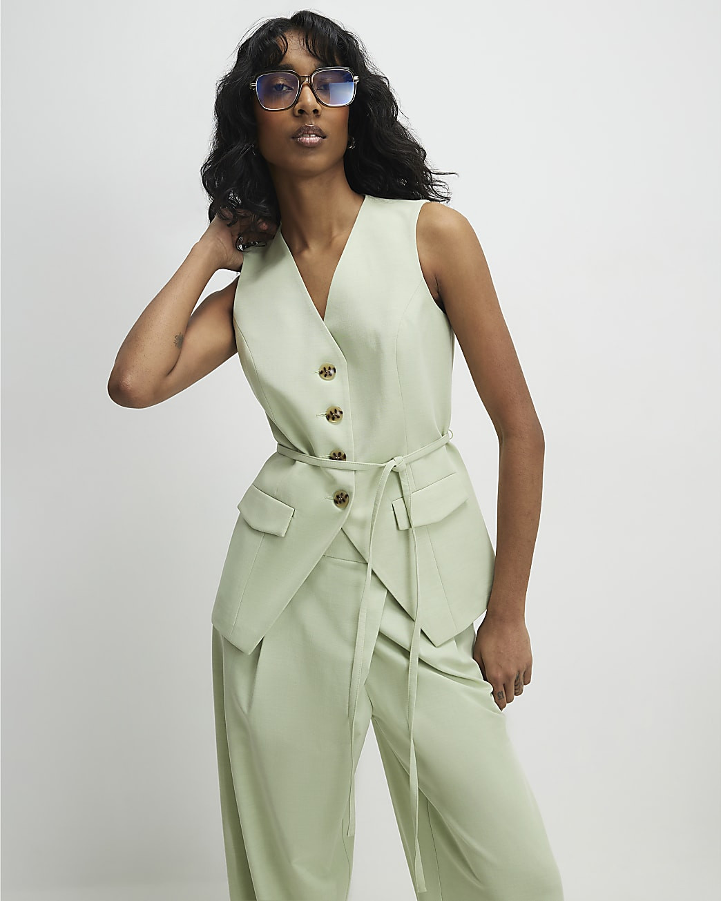 Green Sleeveless Tie Detail Waistcoat | River Island UK & IE