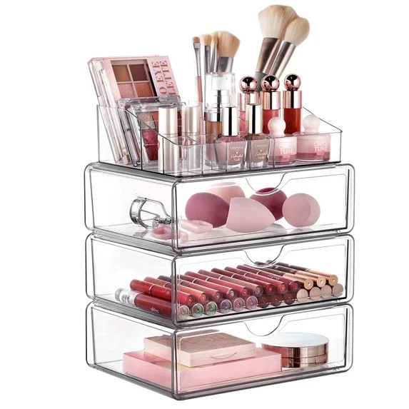 Sindcom 4 Tier Clear Makeup Organizer with Drawer, Plastic Cosmetic Storage, Beauty Holder | Walmart (US)