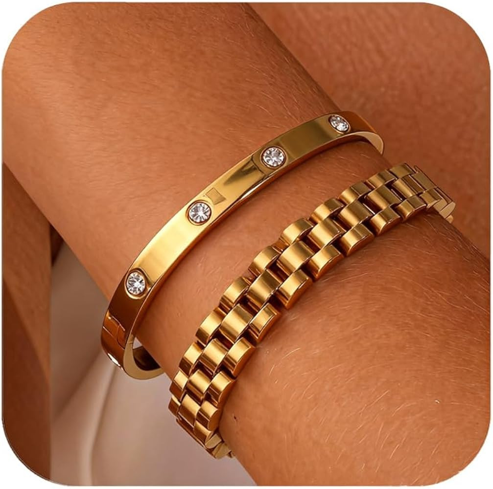 2PCS 18K Gold Chain Link Bracelets for Women - Stackable Love & Friendship Theme Bangle Bracelet ... | Amazon (US)