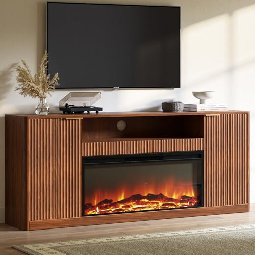 Evermagin 67" Walnut Fluted Fireplace TV Stand for TVs up tp 75", Mid-Century Modern Entertainment Center with Storage Cabinets and Doors, Wood Media TV Consoles for Living Room and Bedroom Furniture | Amazon (US)