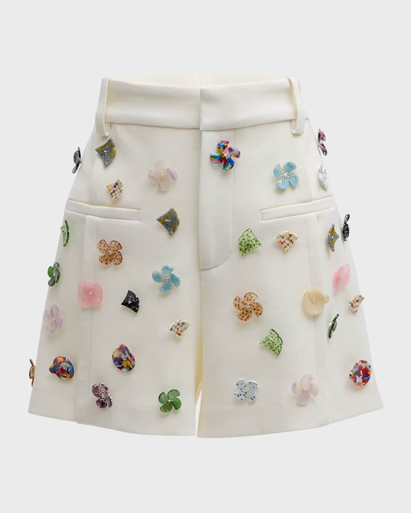 Button Town Embellished High-Rise Crepe Shorts | Neiman Marcus