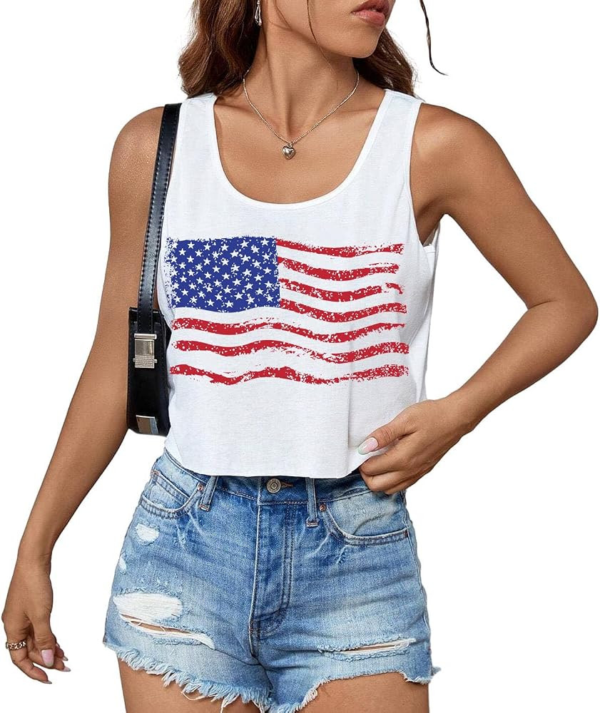 4th of July Crop Tops for Women Funny American Flag Shirts Tank Tops Outfits | Amazon (US)