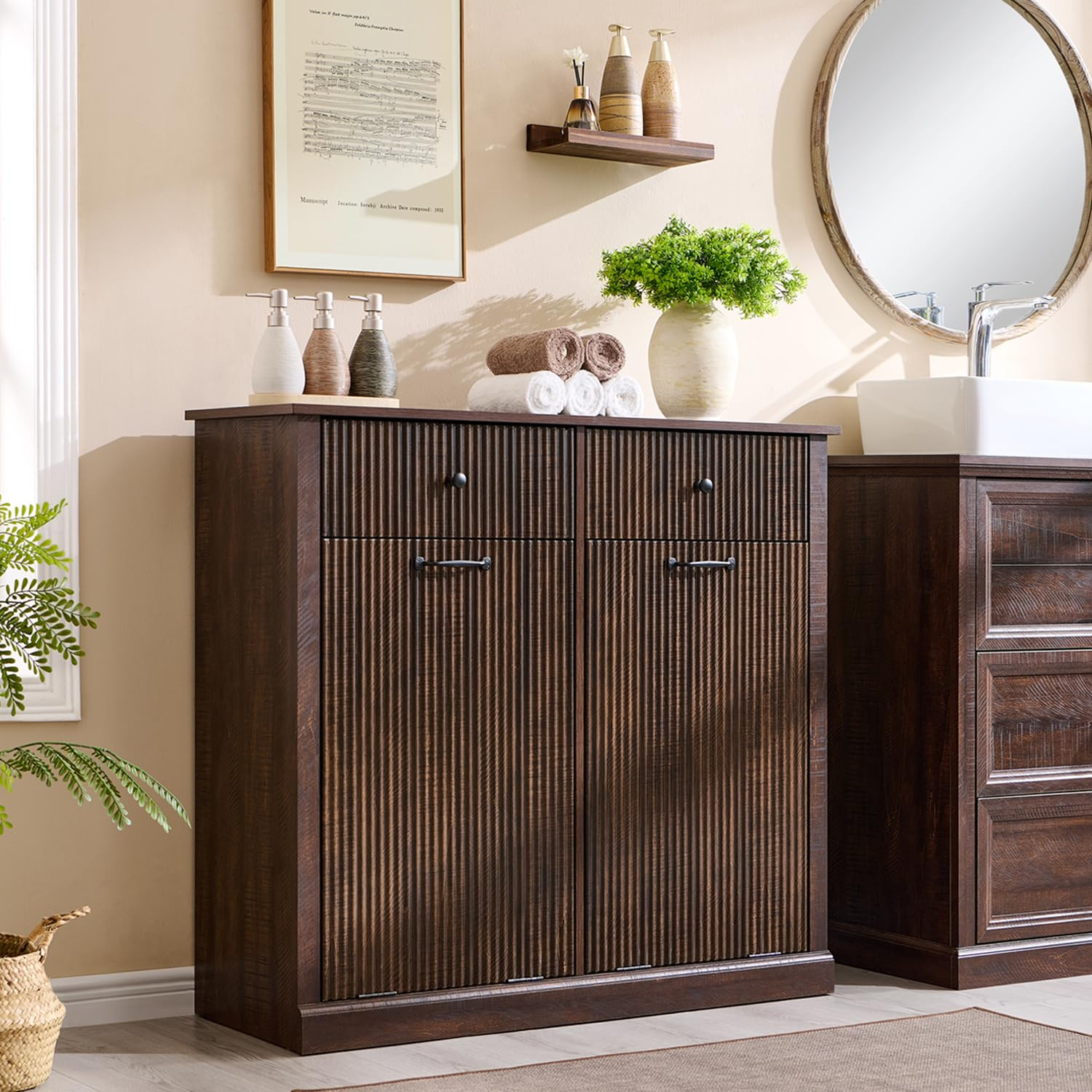 IFBUY Modern Double Tilt-Out Laundry Hamper Cabinet, 20 Gallon Fluted Trash Can Cabinet w/2 Drawers, Wooden Hidden Garbage Can Cabinets w/Laundry Basket, Free Standing for Bathroom and Kitchen, Brown | Amazon (US)