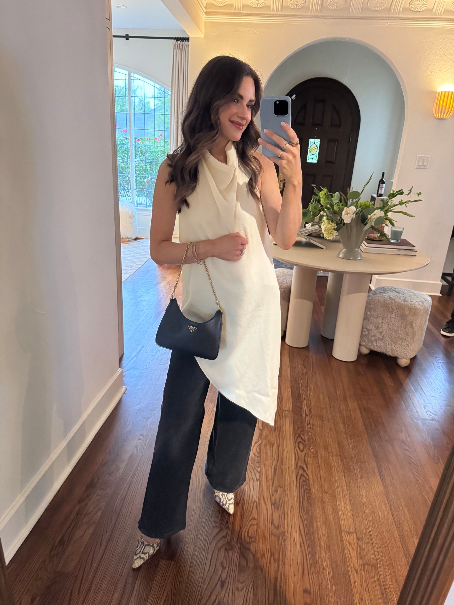 Outfit for a dinner party. Size XS in top (runs relaxed) & 25 in jeans (TTS) & heels also fit true to size. 