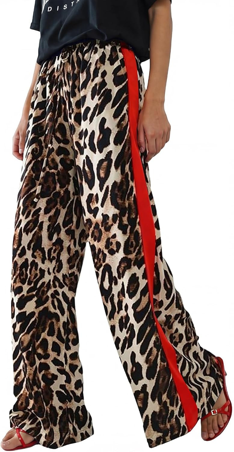 Rapbin Womens Leopard Wide Leg Pants Flowy Side Striped Palazzo Trousers | Amazon (US)