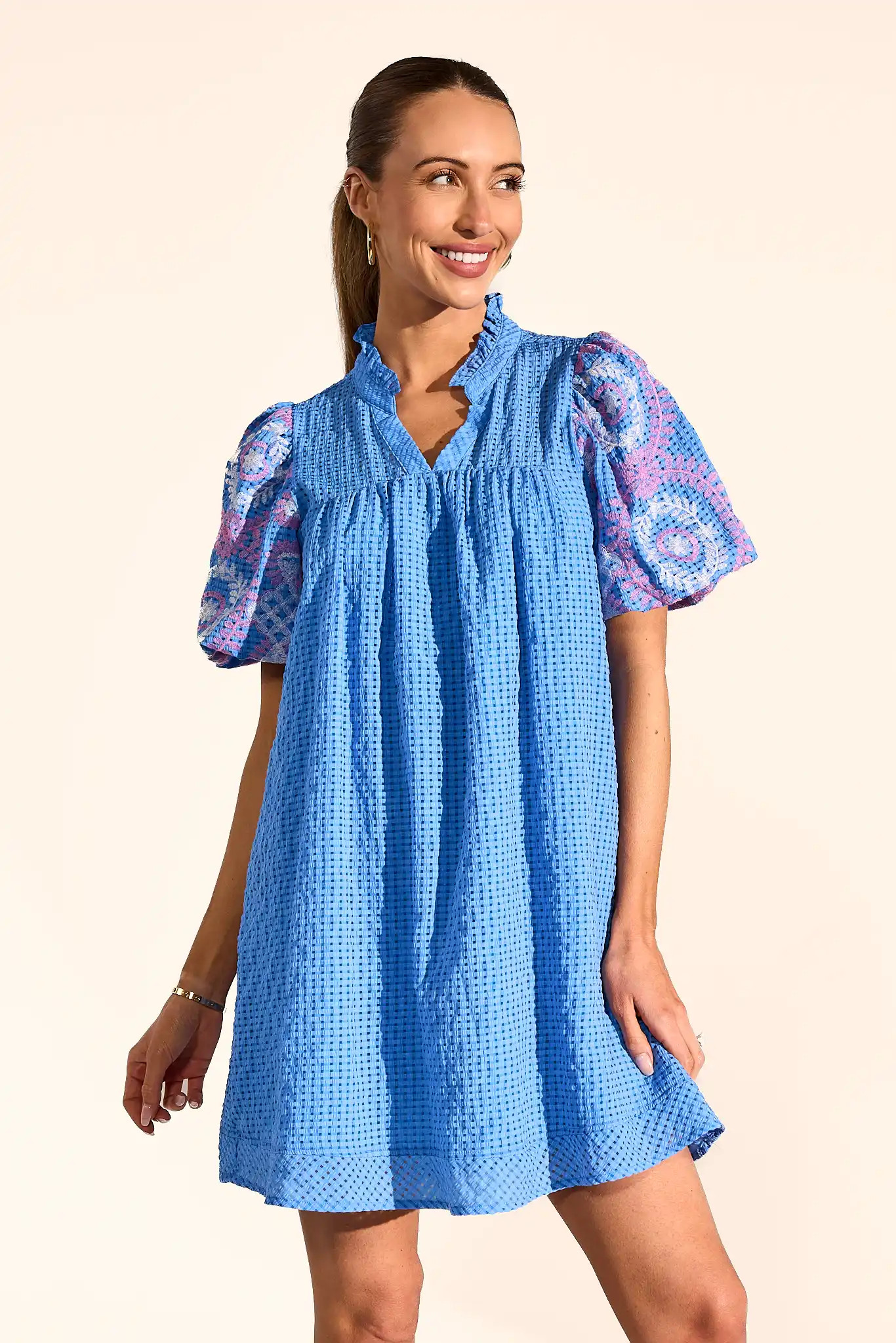 Camila Blue Embroidered Sleeve Dress | Avara