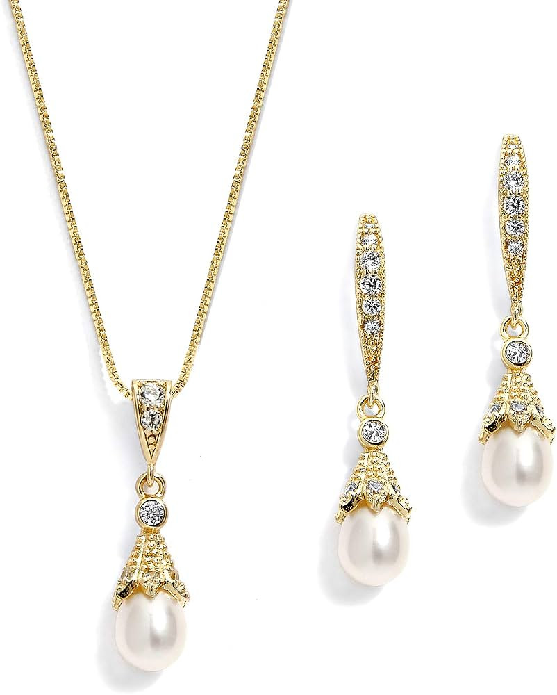 Mariell Gold Wedding Necklace & Earrings Jewelry Set with Freshwater Pearl for Bridesmaids & Brid... | Amazon (US)
