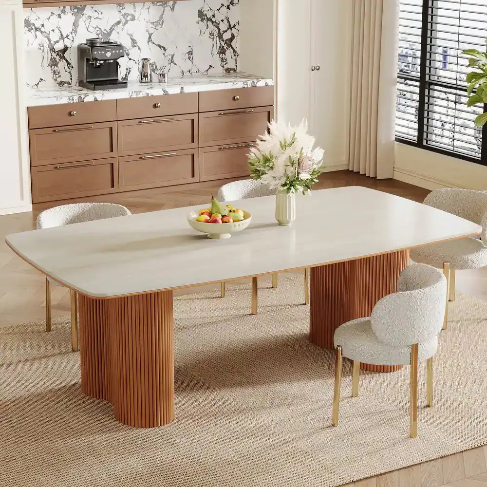 Tribesigns Light Beige and Walnut Contemporary/Modern Marble Dining Table, with Walnut Finish and Wood 78.8-in L x 29.6-in H Large in Brown | Lowe's